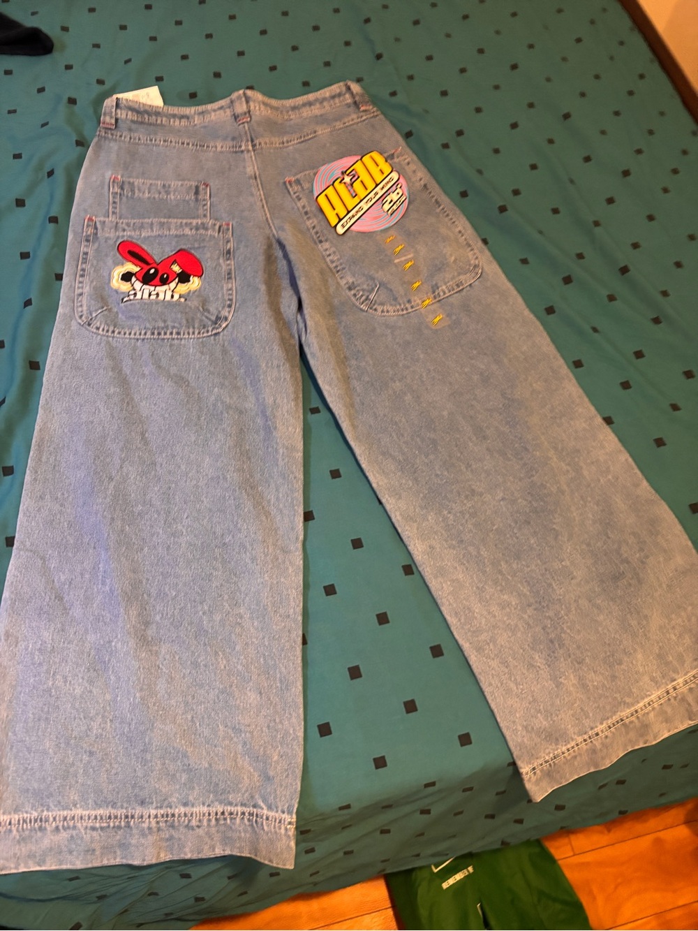 Zumiez Light Blue Wide-Leg Denim Pants with Patch Details